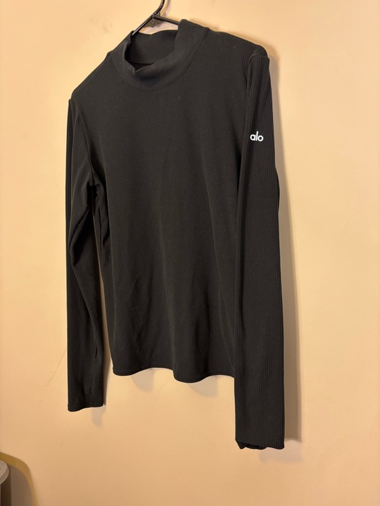 ALO Yoga Black Ribbed Mock Neck Long Sleeve Top Women’s Large - Picture 3 of 4
